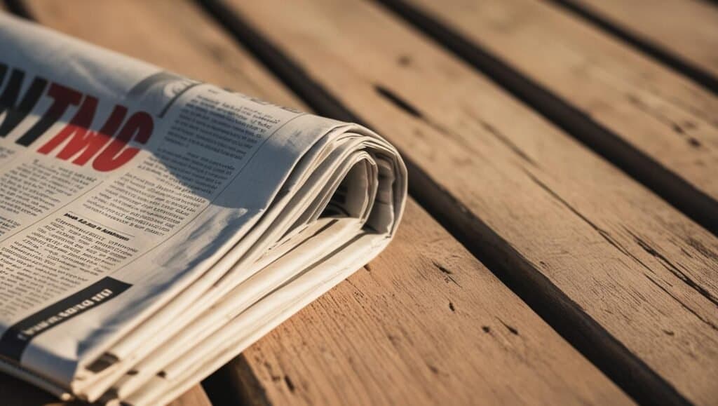 A folded newspaper on a wooden table