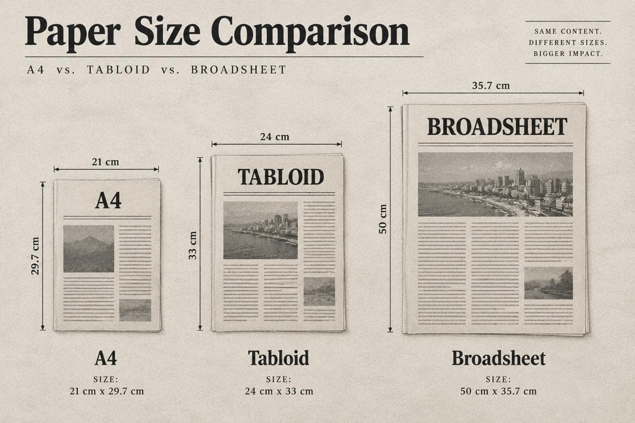 Paper size comparison: A4, tabloid 24 × 33 cm and broadsheet 35.7 × 50 cm