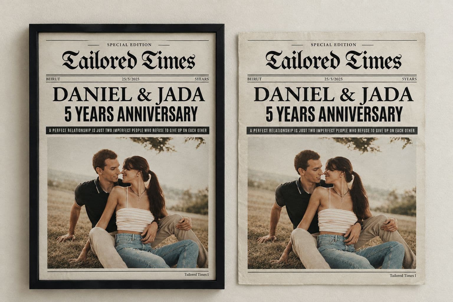 The same Tailored Times anniversary newspaper twice on a wall: one in a thin black frame, one unframed